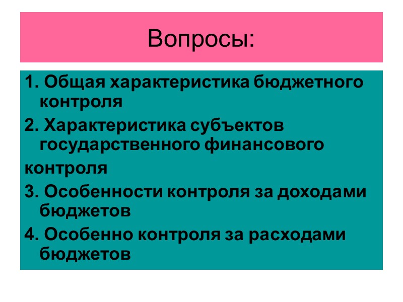 Вопросы: 1. Общая характеристика бюджетного контроля 2. Характеристика субъектов государственного финансового контроля  3.